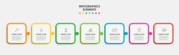 Modello di business di progettazione infografica vettoriale con icone e 7 opzioni o passaggi. può essere utilizzato per diagramma di processo, presentazioni, layout del flusso di lavoro, banner, diagramma di flusso, grafico informativo