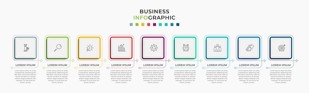 Modello di business di progettazione infografica vettoriale con icone e 9 opzioni o passaggi