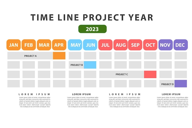 Vettore progettazione infografica vettoriale, pianificatore di pianificazione del progetto mensile per anno. modello con progetto timeline