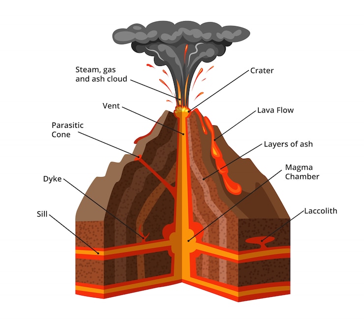 Vector vector infographic illustration. cross section of volcano