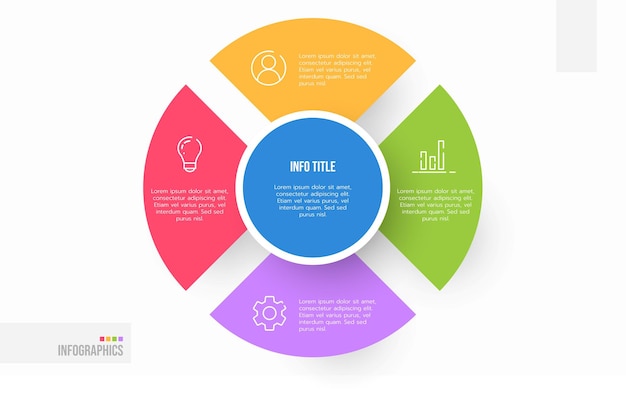 Modello di progettazione di etichette infografiche vettoriali modello di scelta con caratteristiche o processi in 4 fasi