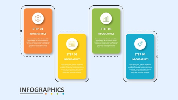 Шаблон дизайна векторной инфографической этикетки с иконками и 4 вариантами или шагами. Может использоваться для презентаций диаграммы процесса.