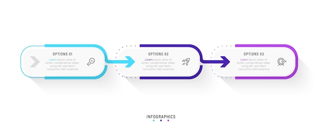아이콘과 3가지 옵션 또는 단계가 있는 벡터 인포그래픽 레이블 디자인 템플릿입니다. 프로세스에 사용할 수 있습니다.