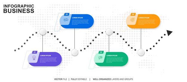 Il design dell'etichetta infografica vettoriale con icone e 4 opzioni o passaggi può essere utilizzato per i diagrammi di processo