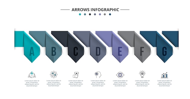 Vector infographic pijlen ontwerpsjabloon. Presentatie met 7 opties of stappen.