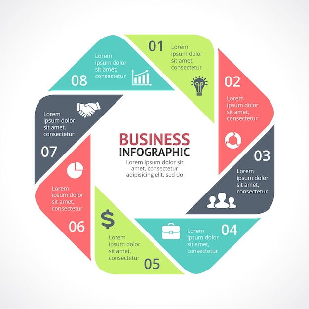 Vector infographic presentatiesjabloon cirkel diagram grafiek 8 stappen onderdelen