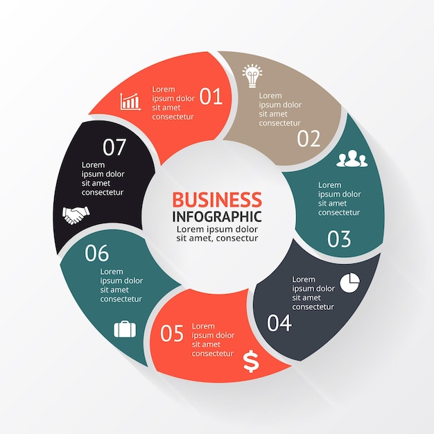 Vector infographic presentatiesjabloon cirkeldiagram grafiek 7 stappen onderdelen