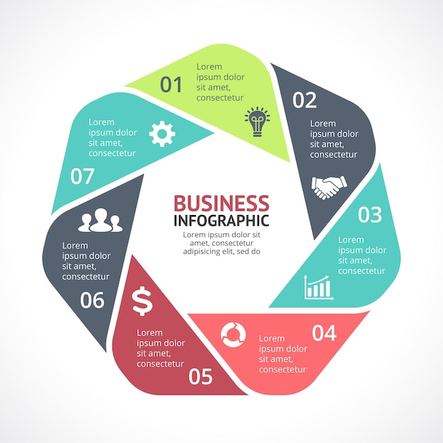 벡터 인포그래픽 프리젠테이션 템플릿 원형 다이어그램 차트 7단계 부품