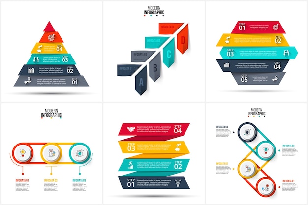 Set infografico vettoriale frecce cerchi piramidali ed elementi astratti con 3 4 e 5 opzioni