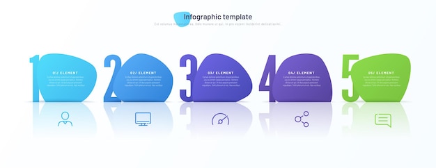 Vector infographic sjabloon samengesteld uit vijf genummerde abstracte vormen