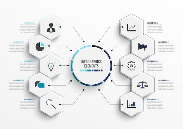 Vector infographic template with 3D paper label, integrated circles. Business concept with 10 options. For content, diagram, flowchart, steps, parts, timeline infographics, workflow, chart.