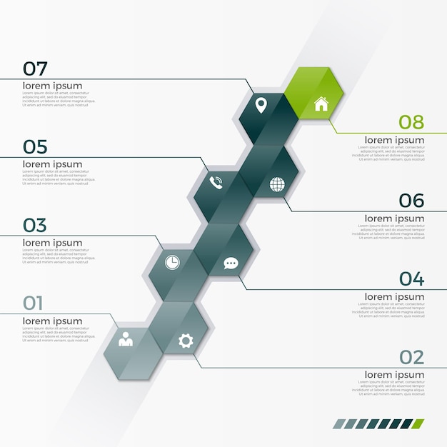 Modello di infografica vettoriale con 8 esagoni per presentazioni, pubblicità, layout, relazioni annuali