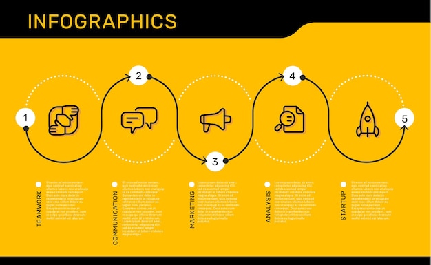 Vector infographic template with number track options and steps with business icons on yellow