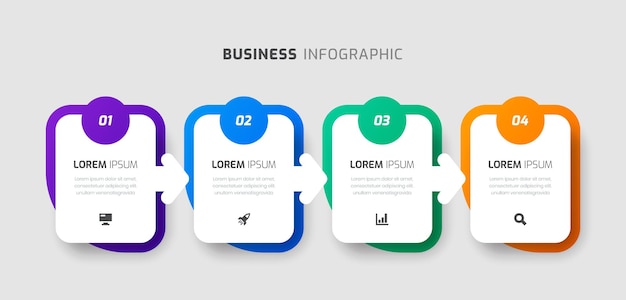 ベクトル 角丸四角形のラベル アイコンとプレゼンテーション用の 4 つの数字を持つベクター インフォ グラフィック テンプレート