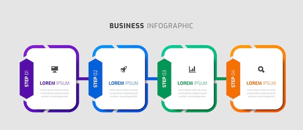 둥근 사각형 레이블 아이콘과 프리젠테이션을 위한 4단계가 포함된 벡터 인포그래픽 템플릿