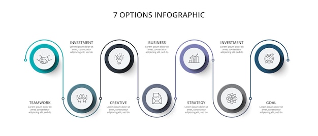 Vector infographic tijdlijn ontwerpsjabloon met pictogrammen. Processchema met 7 opties of stappen.