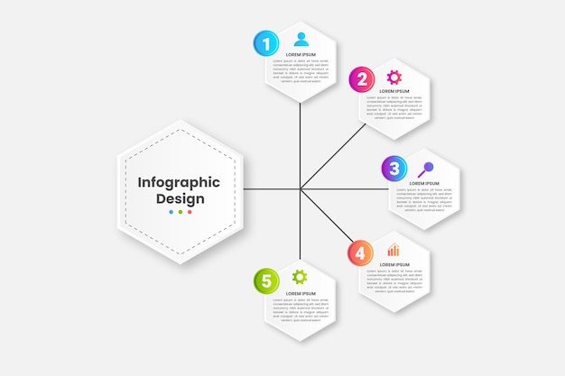 Modello di progettazione infografica vettoriale con etichetta di carta 3d, sfondo di cerchi integrati.