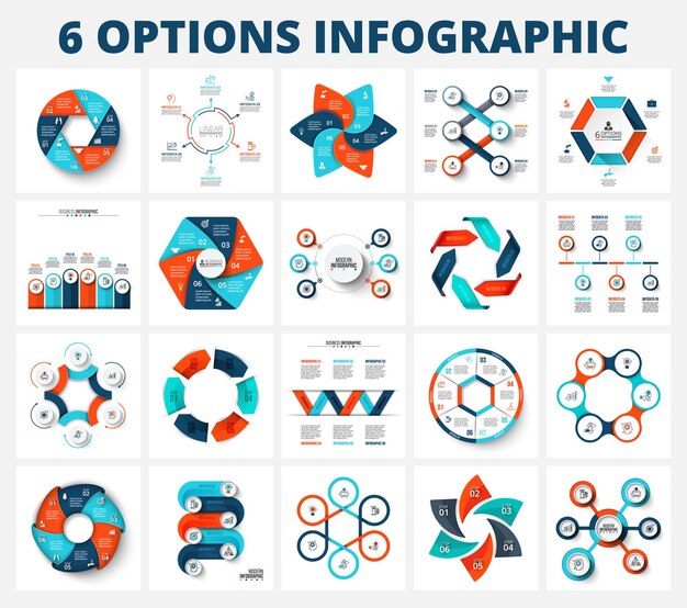 Vector infographics elements set Circles hexagons arrows and other elements with 6 options