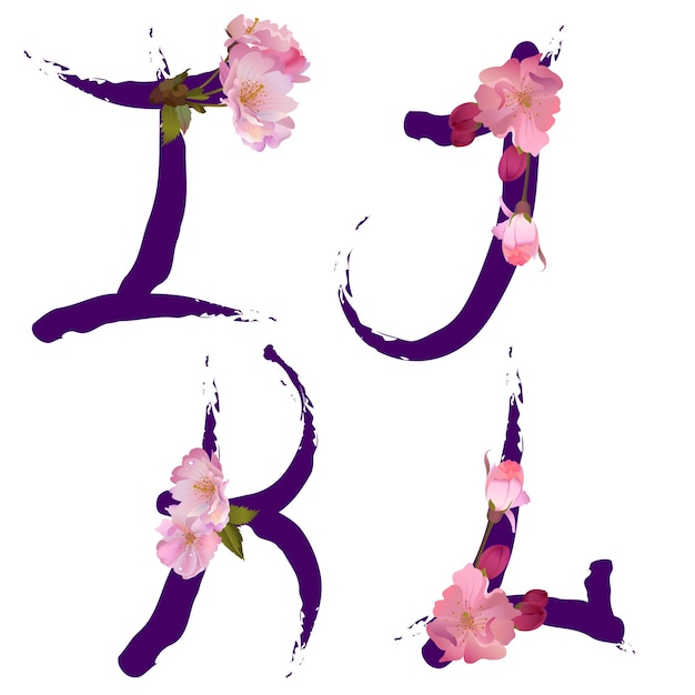 Vector ink calligraphy spring alphabet with bloom cherry sakura flowers letters i j k l