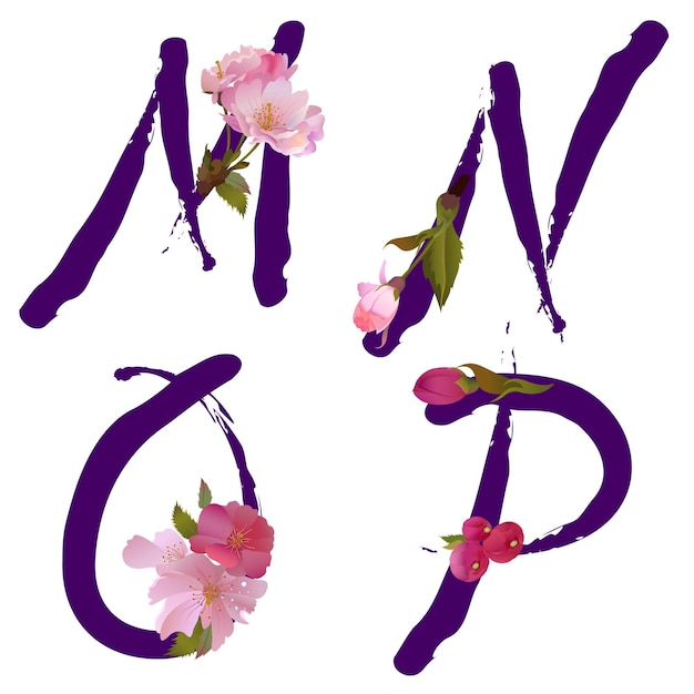 Vector ink calligraphy spring alphabet with bloom cherry sakura flowers letters M N O P