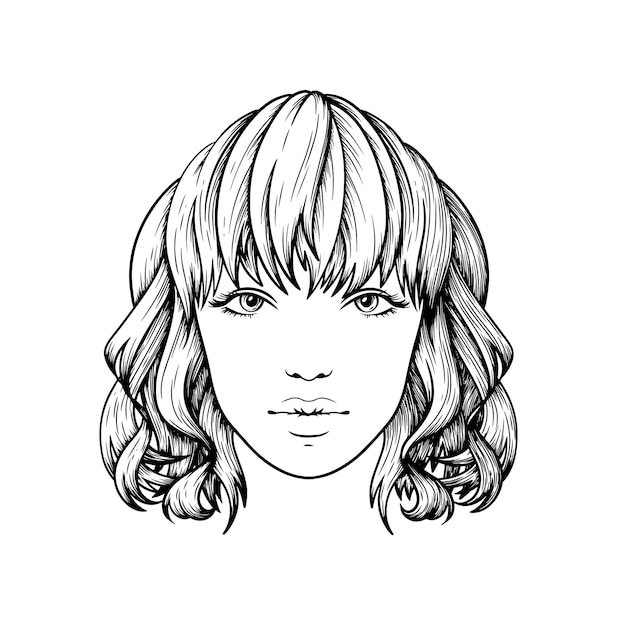 Векторная иллюстрация чернил Лицо молодой девушки с волнистыми волосами