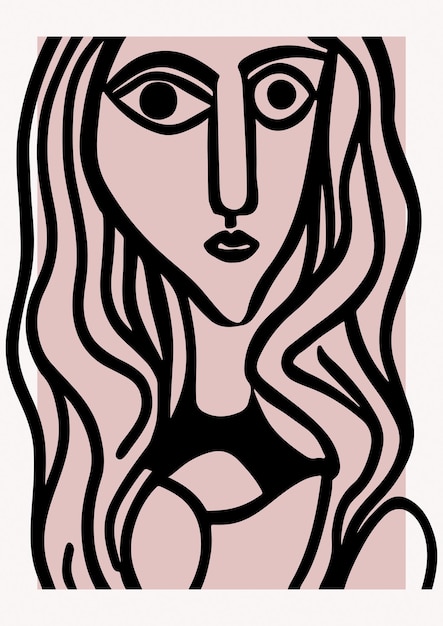 Vector Ink Painting Portrait - Female Face Drawing Reproduction - Cubism and Frida Kahlo Artwork
