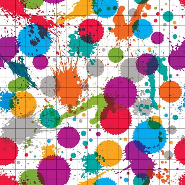 Vector ink splash seamless pattern with rounded overlap transparent shapes, colorful expressive  graphic art repeat backdrop with circle acrylic spots, scanned and traced.