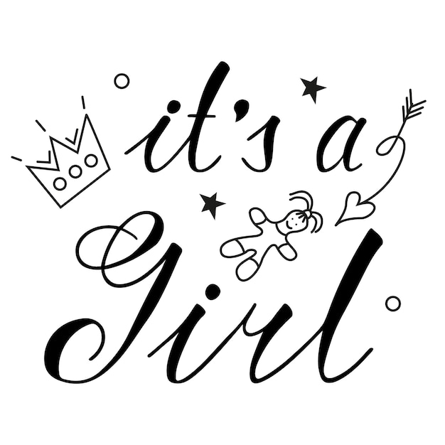 Vector inscription on the theme of a Gender party in style of doodle Congratulatory phrase for girl