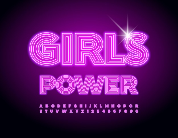 Vector inspiration sign Girl Power. Glowing maze Font. Pink Neon Alphabet Letters and Numbers set