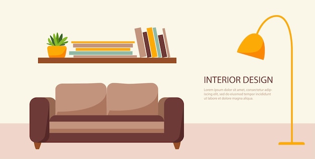 Vector interieur illustratie van webbanner. Meubelbank, boekenplank met boeken, lamp.