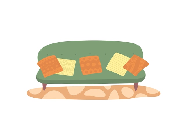 Vettore illustrazione interna vettoriale con divano verde e cuscini illustrazione del divano accogliente in stile piatto