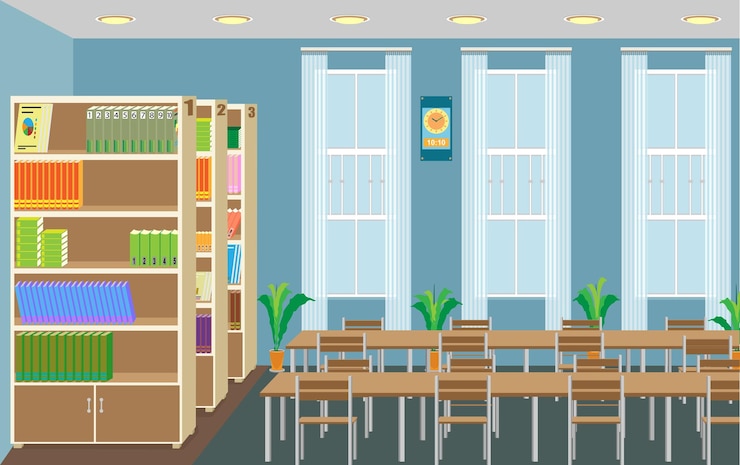 Vector vector interior view of library with desks and large catalog of books
