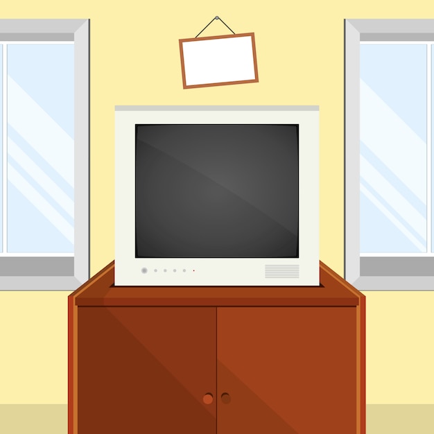 Вектор интерьер с телевизором, окнами и тв стол. векторная иллюстрация в плоском стиле.