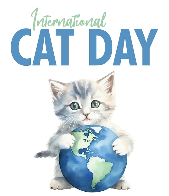 Vector international cat day watercolor illustration of a cat holding earth globe