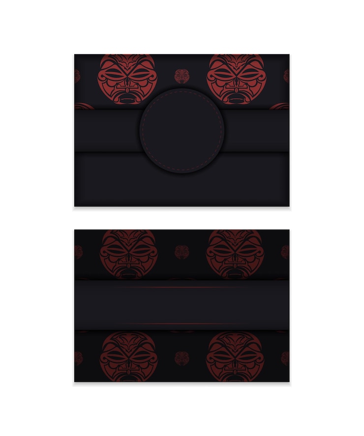 Vector vector invitation card with a place for your text and a face in a polizenian style ornament. design of a postcard in black with a mask of the gods patterns.