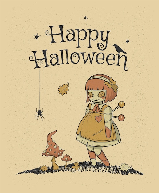 Vector invitation for Halloween parties. Cute voodoo girl doll.