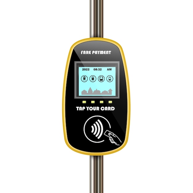 Vector è un validatore tariffario realistico la visualizzazione della scansione dell'autenticità del biglietto sulla carta pagamenti contactless wireless senza contanti terminale per la ricezione di una carta di trasporto passeggeri