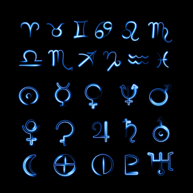 Vector isolated astrological set of zodiac signs and planets with neon effect.