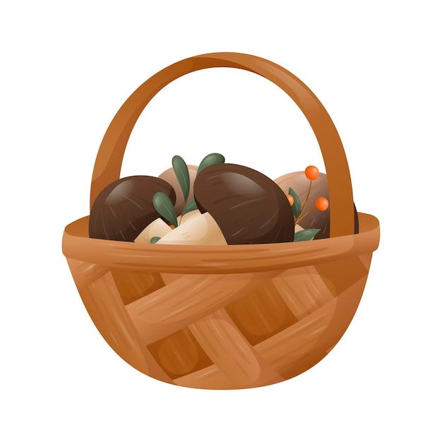 Vector vector isolated autumn illustration of a wicker wood basket with forest mushrooms a twig with berries and leaves