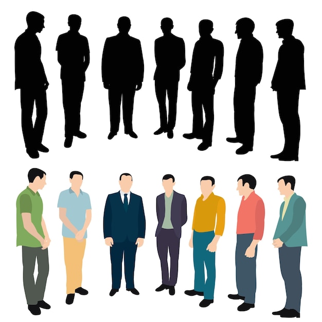 Vector isolated black silhouette men group stand