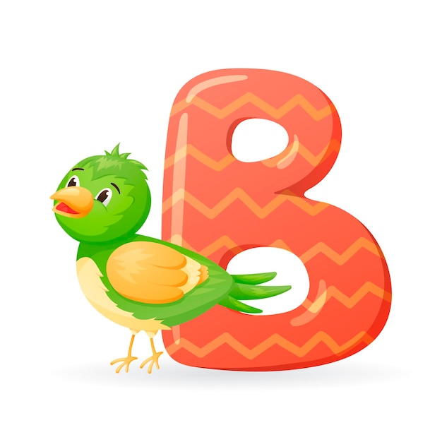 Vector isolated cartoon illustration of English alphabet letter B with bird picture.