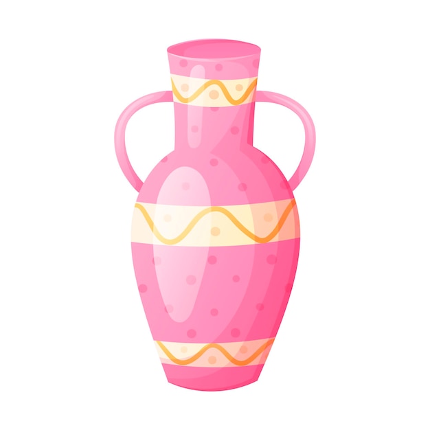 Vector isolated cartoon illustration of pink porcelain decorated vase or jug with handles