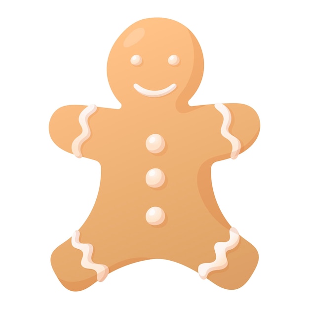 Vector isolated Christmas illustration of cartoon gingerbread man cookie decorated with icing.