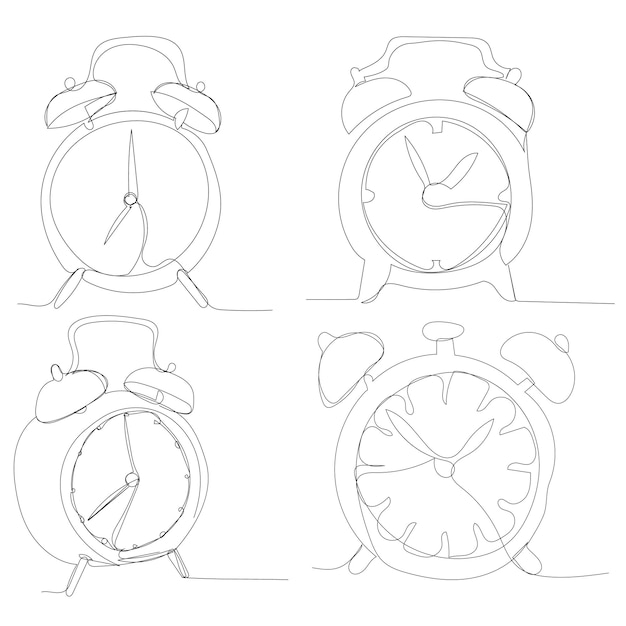 Vector isolated continuous line drawing alarm clock set