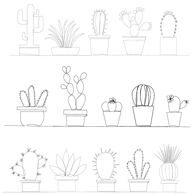 Vector isolated continuous line drawing of a cactus in a pot set