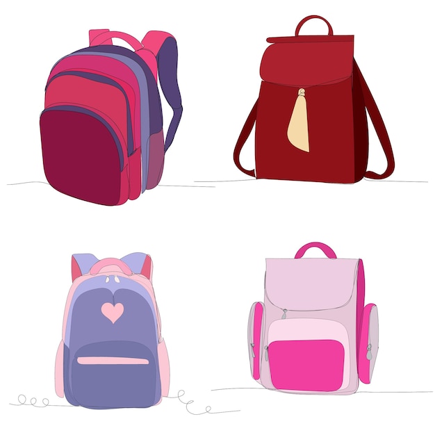 Vector isolated drawing continuous school backpack set