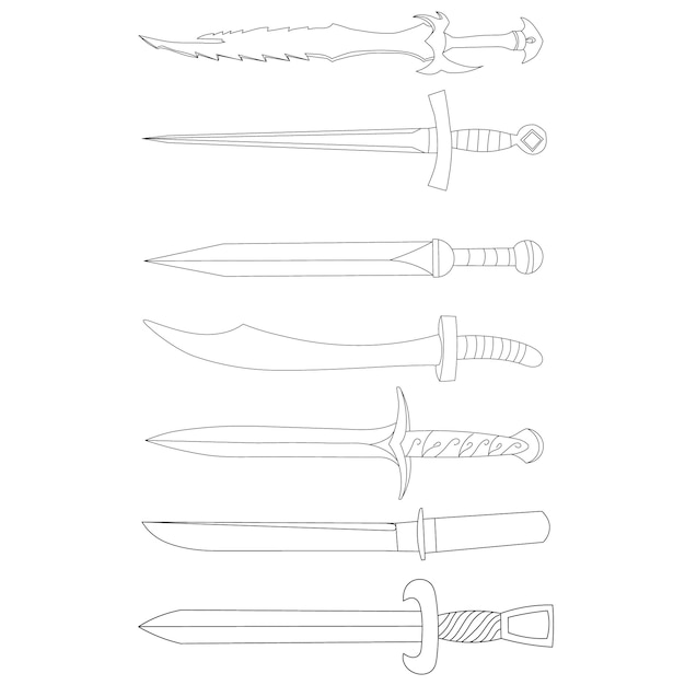 Набор контуров сабли с мечом из векторного изолированного режущего оружия