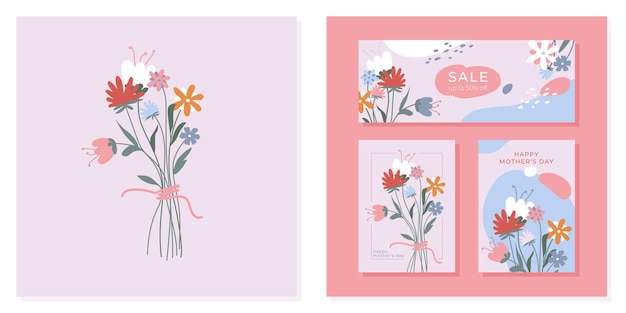 分離された花の花束、バナー、グリーティング カード テンプレートをベクトルします。