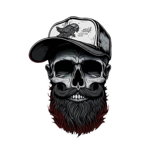 Vector isolated hipster skull with beard Cartoon skull Grunge and vintage skull illustration