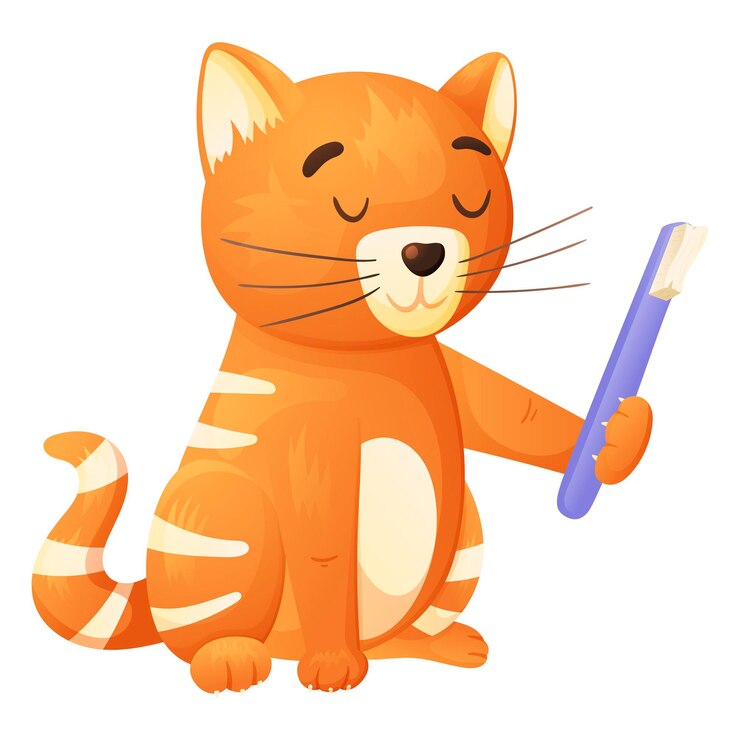 Vector vector isolated illustration of cartoon cute cat with toothbrush.